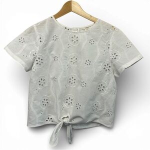 Christian Siriano White Linen Cotton Eyelet Blouse Tie Front Cropped Small